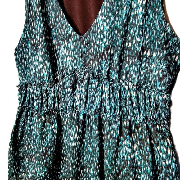Forever 21 Green Teal Abstract Watercolor Ruffle V-Neck Sleeveless Top sz L - Picture 3 of 7